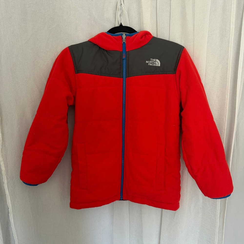 The North Face Reversible Jacket Boys M 10/12 Red Navy Blue Fleece Nylon Hooded